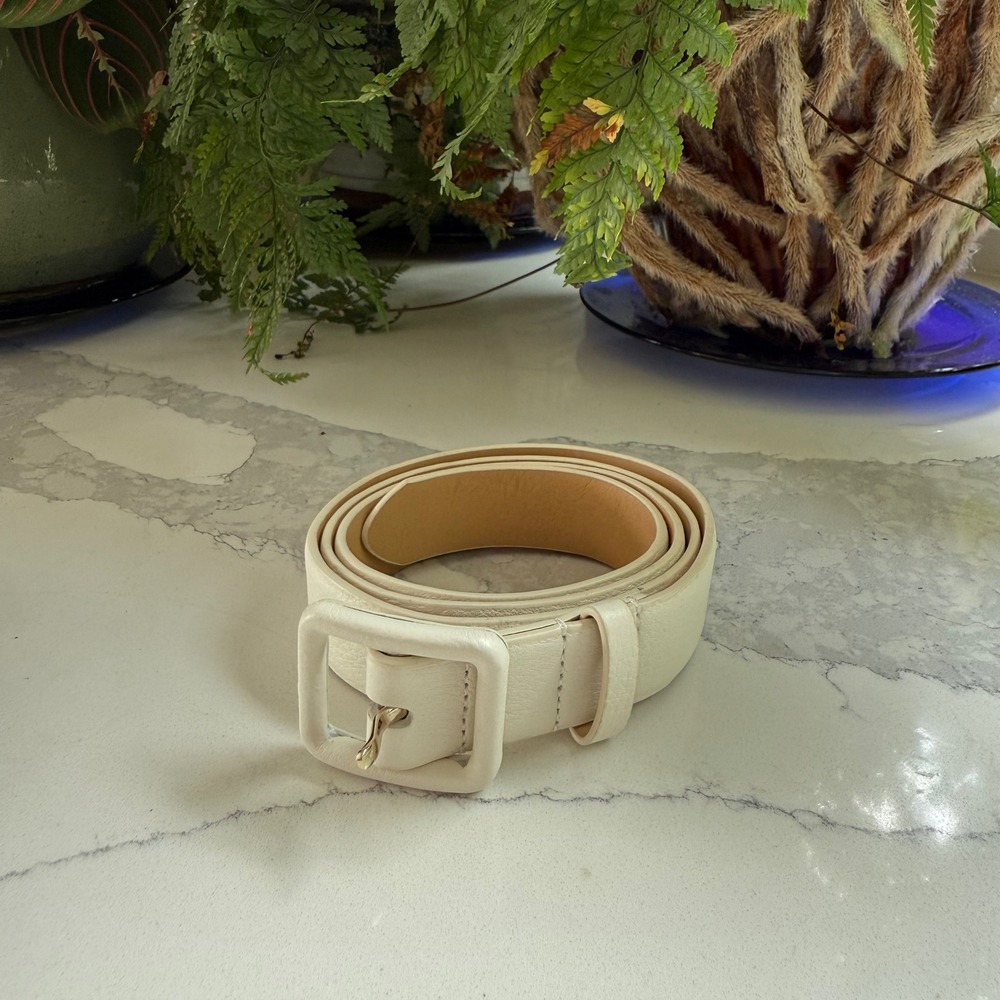 Talbots Womens Cream Leather Belt Square Leather Wrapped Buckle Size S NEW